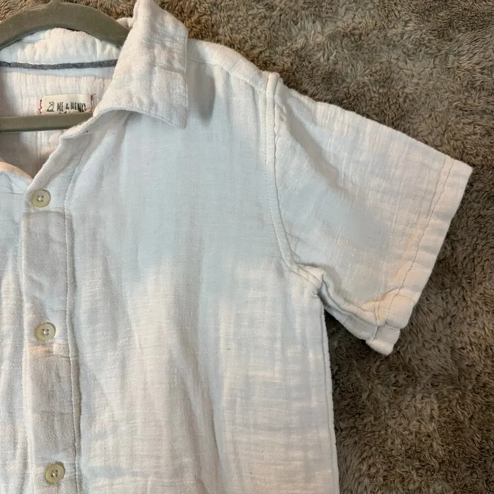Me & Henry Short Sleeve Button Down Shirt Boys 8 9 White Muslin Cotton